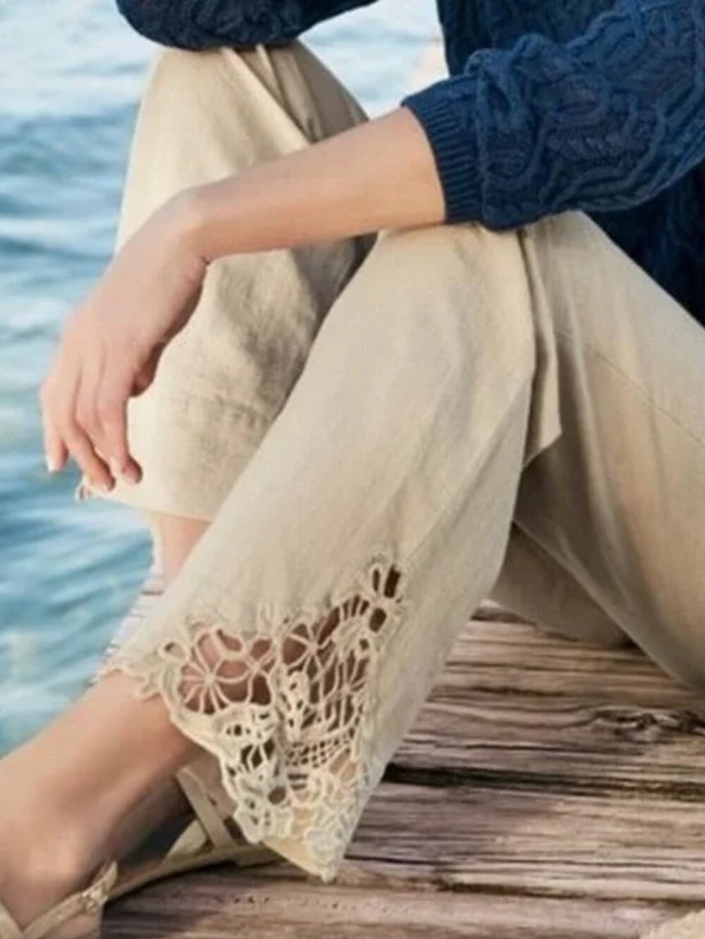 NWT Soft Surroundings Tan 100% Cotton Pants with Crochet Lace Trim Size S